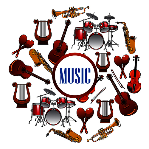 Collection of sound equipment or music instruments . Trap set or drum kit, acoustic guitars and violin,lyre and saxophone, trumpet.  Woodwind, string, brass, percussion used in jazz, rock, pop, disco. Musical art