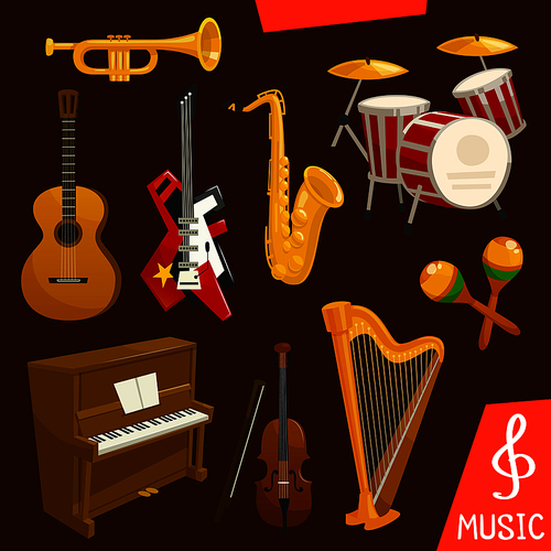 Wind and string musical instruments. Vector isolated music icons of saxophone, piano, harp, drums, maracas, guitar, violin trumpet