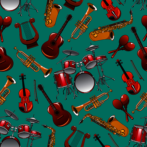 Musical instruments seamless pattern on turquoise background with drum set, guitar, trumpet, saxophone, violin, lyre and maracas. Classical music concert or arts theme design