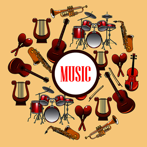 Music poster with wind and strings musical instruments. Musical placard with detailed icons of saxophone, piano, harp, drums, maracas, guitar, violin, trumpet