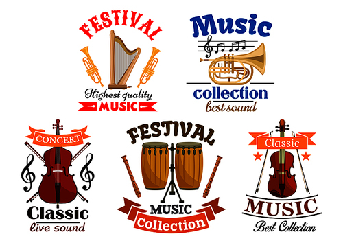 Emblems for classic, live music festival, concert. Vector elements of musical instruments harp and trumpet, contrabass, drums, violin