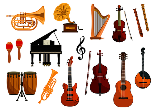 Vector icons of musical instruments. Isolated string and wind music instruments of cymbals, trumpet, drums, harp, gramophone, electric guitar, violin, contrabass, saxophone, flute mandolin music clef