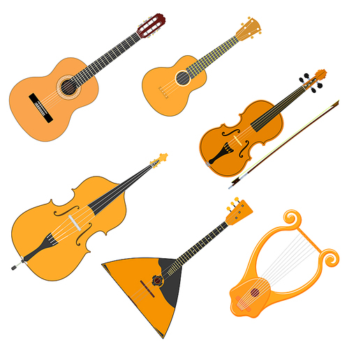 Vector color set of acoustic stringed musical instruments on a white background. Isolate. Violin, guitar, balalaika, ukulele, bass, cello, lyre. Stock illustration