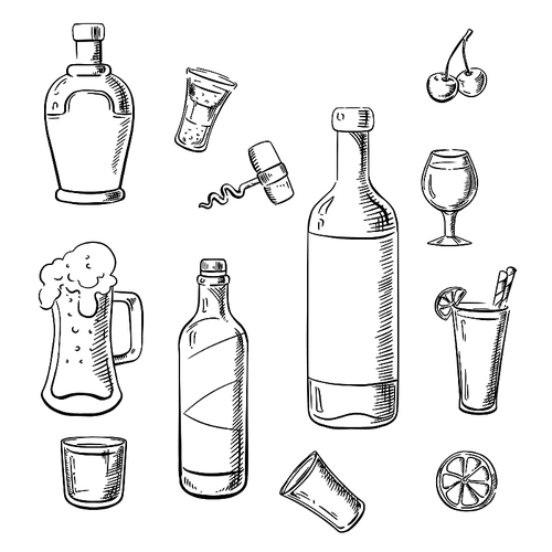 Wine bottles, whiskey, liquor, beer and cocktails with lemons, cherries and corkscrew. Sketch icons for food and drinks design