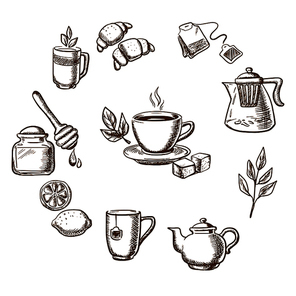 Herbal tea, dessert and bakery sketch icons with cup of hot tea on saucer, mint leaves, sugars, lemon and croissant surrounded teapots and cups, honey jar with dipper, tea bag, tea leaves and ginger. Isolated objects on white