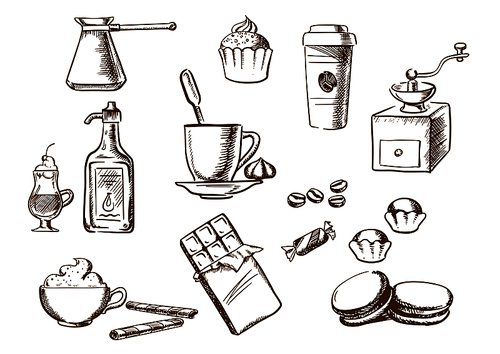 Coffee sketched icons with cup of coffee on saucer with coffee beans and candies with ice cream, cakes, cappuccino, liquor, takeaway cup, chocolate, vintage coffee grinder and copper pot. Sketch style