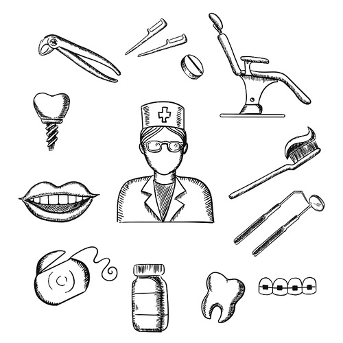 Dentistry sketch icons with dentist in glasses, dental equipment and hygiene icons with toothy smile, chair, tooth implant, floss, brace, pills, toothbrush and toothpaste. Sketch style