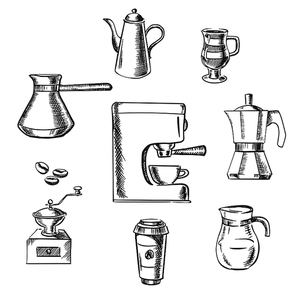 Beverage icons with grinder, kettle, pot, sugar, beans, cups and coffee maker around coffee machine. Sketch style