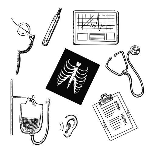 Medical diagnostics sketch icons with chest x-ray, thermometer, blood test, stethoscope, hearing test, ecg, breast cancer test and clipboard with monitoring results. Healthcare and medicine concept usage