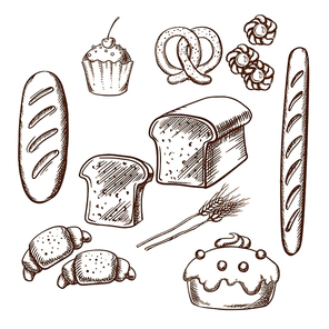 Bakery sketch icons set isolated on background for cafe, restaurant or pastry menu design