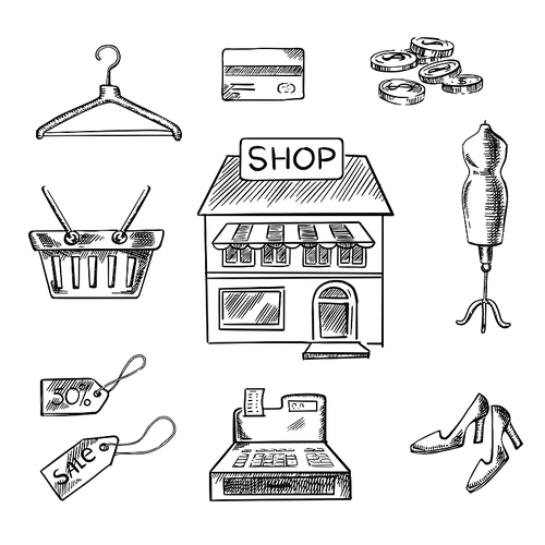 Sketch design elements with a central store front surrounded by a till, sale price, basket, hanger, credit card, cash, mannequin and shoes. Retail concept usage
