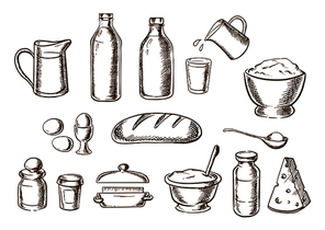 Bakery ingredients with butter, flour, salt, dough, sugar milk, eggs, cheese around a loaf of white bread. Sketch icons