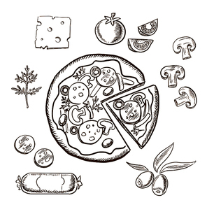 Pizza with ingredients surrounding a sliced pizza and salami, herbs, tomato, cheese, mushrooms and olives. Sketch icons