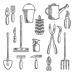 Hand gardening tools sketched icons with trowel, knife, fork, shears, rake, scissors, spray bottle, weeding hoe, sickle and watering can. Sketch style objects