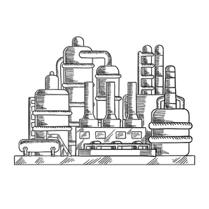 Oil refinery factory sketched illustration with modern industrial plant. For processing and chemical refining of crude design usage, sketch style