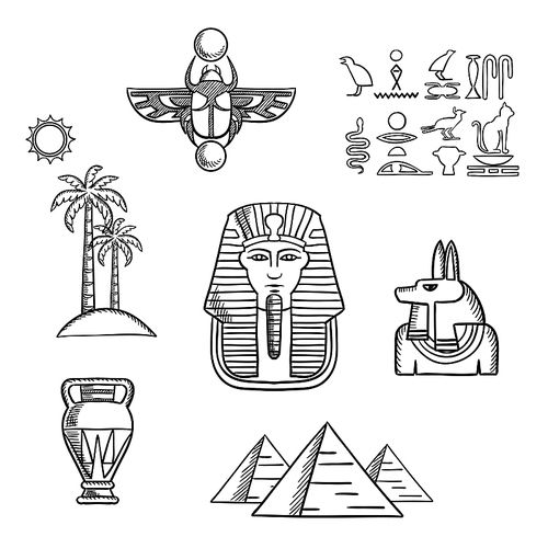 Egypt travel and culture icons with Giza pyramids, pharaoh golden mask, ancient hieroglyphics, scarab amulet, anubis god, amphora and beach landscape of palm trees with sun. Sketch style
