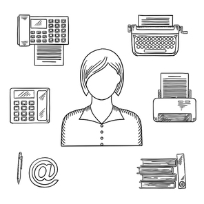 Secretary profession sketched icons with telephone, fax, folders with documents, pen, printer, mail, typewriter and elegant young woman