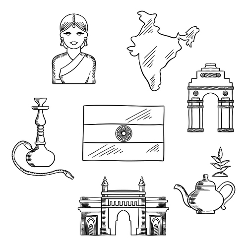 India culture and travel concept with sketched icons of gate way, arch, woman in a sari, national flag, pot of tea and a hookah pipe