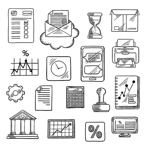 Business, financial and office sketched icons with computer, report, financial charts, graph, smartphone, letter and delivery box, bank, rubber stamp and calculator, wall clock and hourglass, printer, percent symbol and gear