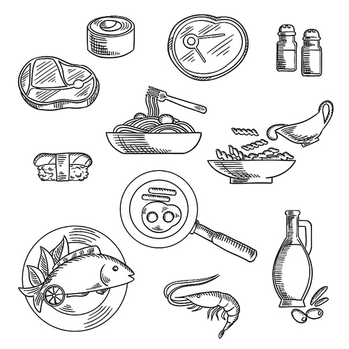 Healthy food sketch icons of sushi roll and nigiri, pasta and spaghetti with sauce, raw beef steaks, grilled fish, shrimp, fried eggs with sausages, olive oil bottle, salt and pepper