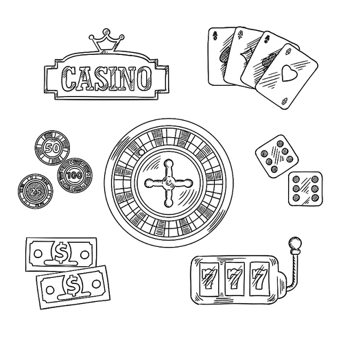 Casino sketched icons and symbols of roulette wheel, dice, playing cards, gambling chips, dollar bills, casino sign board with golden crown and slot machine with triple seven. Sketch style illustration
