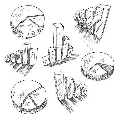 Sketched 3d charts and graphs with different bar graphs and pie charts, with shadows or reflections. For business, management and development concept design usage. Sketch style