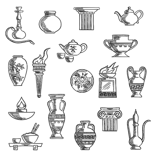 Containers and kitchenware icons in sketch style with ancient torch, stone fire bowls, amphora, copper and ceramic teapots, oil lamp, hookah pipe, tea services, vases, jug and plates