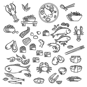 seafood and delicatessen sketched icons of sushi, caviar, crab, shrimp, lobster oyster mussel octopus chopstick salmon steak grilled fishes and shrimp salad fish soup s and herbs. sketch style cuisine