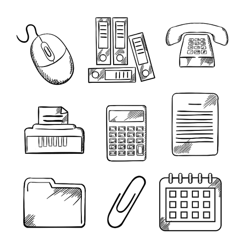 Sketched office and business icons with files, calculator, printer, paper clip, documents, calendar, computer mouse and telephone. Sketch style