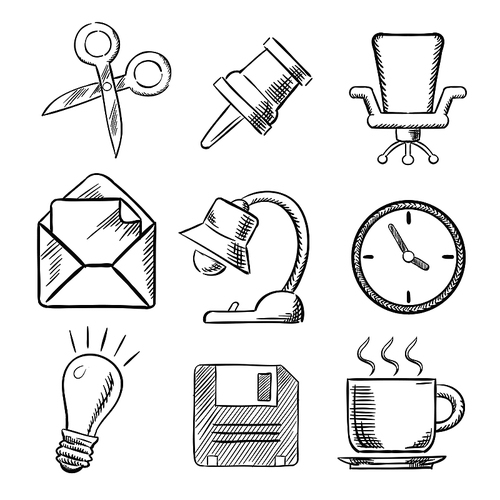 Office sketched icons with a thumb tack, scissors, chair, mail, lamp, clock, lightbulb and cup of tea. For web and business design usage, sketch style