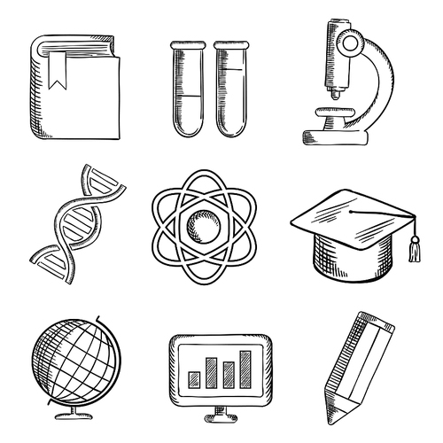 Education and science sketch icons with globe, dna, atom, book, flasks and tubes, microscope, pencil, computer and academic cap