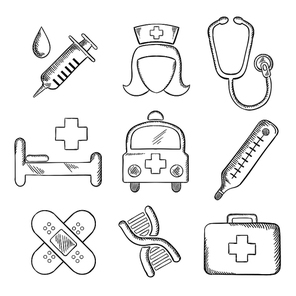 Sketched medical and healthcare icons with a syringe, nurse, stethoscope, bandages, DNA, ambulance, thermometer, first aid kit and hospital bed isolated on white. Sketch style