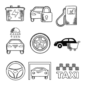 Sketched car service icons of a fuel pump, security, battery, car wash, tyre, purchase, steering wheel, garage and taxi. Transportation industry design usage, sketch style