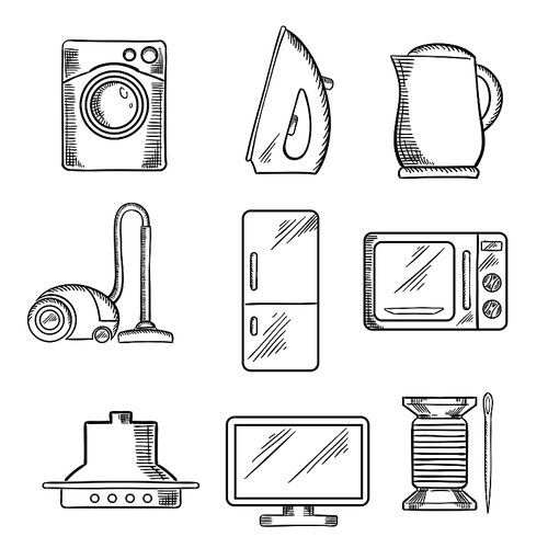 Kitchen and home appliance sketched icons with vacuum cleaner, kettle, iron, fridge, microwave oven, needle and cotton, television and washing machine. Sketch style