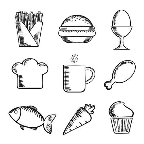 Food sketched icons set with French fries, boiled egg, toque, cookie, coffee, drumstick, fish, carrot and cupcake