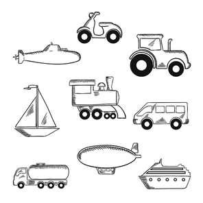 Transport sketched icons with a submarine, yacht, scooter, tractor, blimp, van, train, ship and tank car. Sketch style icons