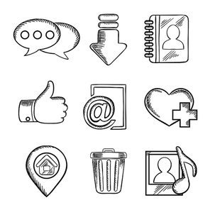 Multimedia and social media sketched icons with chat, download, notebook, like, e-mail, navigation, favorite, media and bin symbols