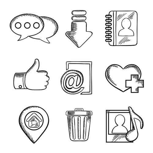 Multimedia and social media sketched icons with chat, download, notebook, like, e-mail, navigation, favorite, media and bin symbols