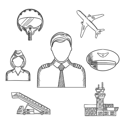 Pilot profession sketched icons with captain in uniform surrounded by stewardess, airplane, flight helmet, peaked cap, airport building and aircraft steps. Sketch style