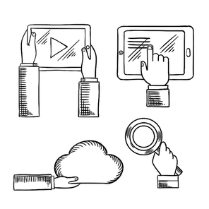 Internet communication technologies concept design for cloud computing, social media network and search service with sketch icons of hands with tablet computers, cloud and magnifying glass