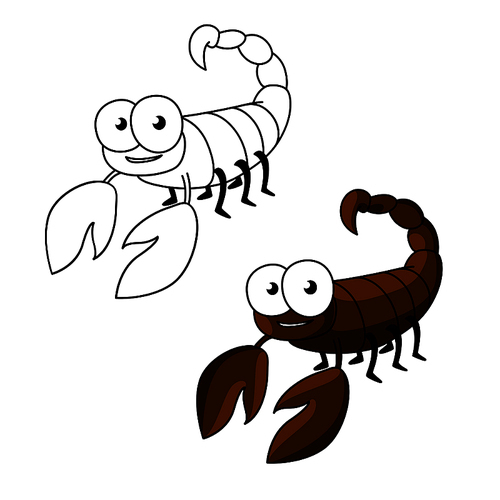 Cute little brown scorpion cartoon character with curved tail, ending with stinger. Children's book, astrology, zodiac or mascot design usage. Also outline version