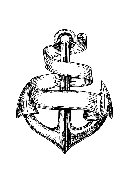 Old heraldic anchor isolated sketch with wavy ribbon banner or paper scroll. Nautical heraldry, marine, journey and adventure design usage