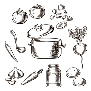 Sketch vector recipe of vegetarian soup with cooking pot and ladle surrounded by cabbage, beet, garlic, onion, carrot, tomato and potato vegetables and spices