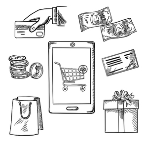 E-commerce vector sketch concept of various payment options with a central smartphone displaying a shopping cart surrounded by icons for a bag, bank check, credit card, banknotes, coins and gift