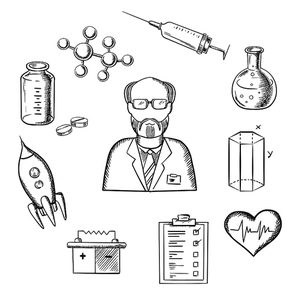 Different sciences sketch icons with scientist silhouette surrounded by medical, biology, space, mechanic, geometry and scientific icons. Vector illustration
