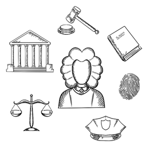Law and justice sketch icons surrounding a lawyer with a courthouse, law book, fingerprint, police cap, scales and gavel. Lawyer profession concept