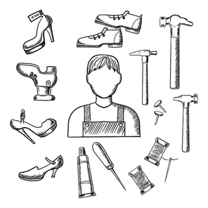 Shoemaker profession sketched icons depicting shoemaker with awl, heels, hammer, glue, nails and shoes