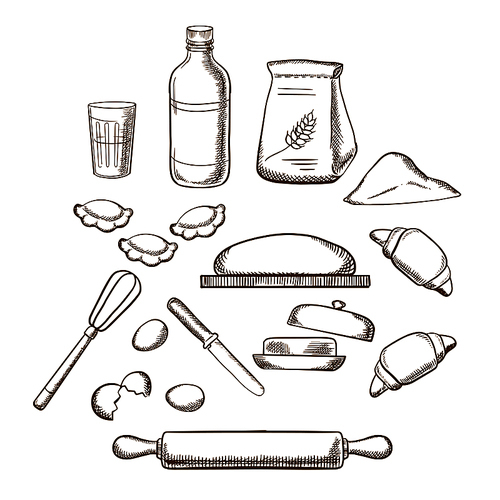 Process of kneading dough with icons of dough, milk, butter, eggs, flour and kitchen utensils. Sketched icons