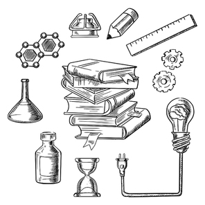 Knowledge and web education sketch design with light bulb plugged into a tall stack of books. Surrounded by flasks, DNA, hourglass, gears, ruler, atom and pencil