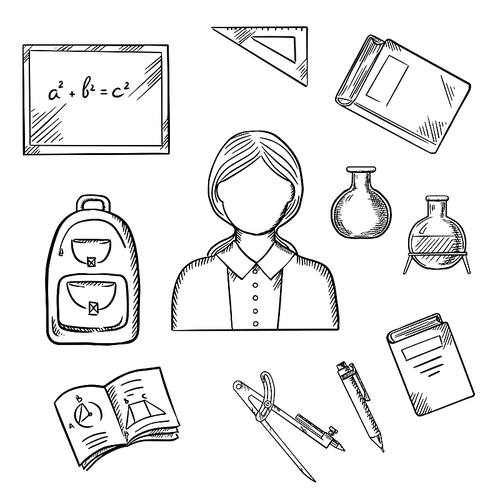 Teacher profession icons with woman encircled by blackboard with chalk formula, books, pen, laboratory flasks, school bag, exercise book with geometric figures, triangle ruler. Sketch style vector
